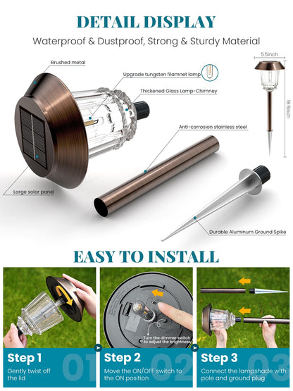 HMDecor Solar Lights Outdoor Waterproof,4 Pack Bronze Pathway Lights with 10-40 LM Dimmable Glass and Metal, Solar Powered Garden Fall Decor for Yard,Patio,Pathway,Driveway(Warm White)