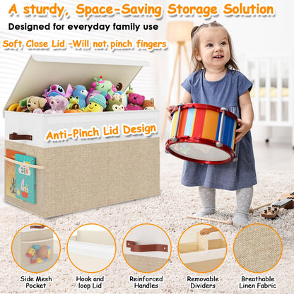 Fineonly Large Toy Storage Box with Lid Upgraded Toy Storage Chest Organizer with Divider Foldable Toy Bin for Kids Boys Girls Playroom Nursery Bedroom (25"x13"x16")