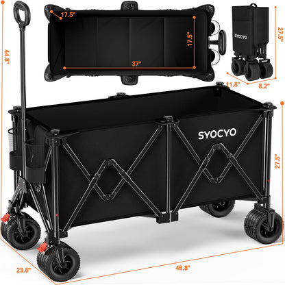 Collapsible Wagon Carts Foldable 570LBS Beach Wagon with Big All-Terrain Wheels Weight Capacity Heavy Duty Utility Carts with Cup Holders for Garden, Camping, Grocery, Sports Black