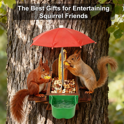Vigormar Squirrel Feeders for Outside, Squirrel Picnic Table with Water Bowl, Corn Cob Holder and Umbrella, Squirrel Feeder with Ground Stake for Garden, Yard and Outdoor(Dark Brown)