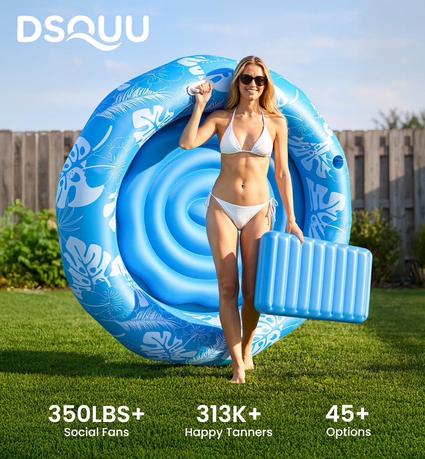 Pool Inflatable Tanning Pool Lounger Float with Sprinkler, 72"x65" Round Pool Float Adults with Pillow XL Cup Holder Handle Blow Up Tanning Bed for Summer Sunbathing Water Lounge Party Gifts, Blue