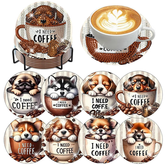 Ekuxom 8 Pcs Coffee Dog Diamond Art Coasters Kits with Holder-Diamond Painting Coasters Kits-DIY Crafts Art Coaster Kit for Home Decor