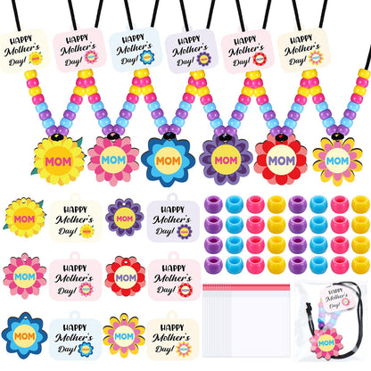 Ferreve 24 Sets Mother's Day Beads Necklace Crafts Kit Mother's Day Gifts DIY Mom Wooden Flowers Necklace Kits Bulk Make Your Own Mom Gifts for Family Classroom Making Party Favors