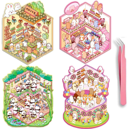 SSNLNBF 4 Sets DIY 3D Large Shop Stickers - Reusable Peel-and-Stick Miniature World Building Kit for Teens & Adults, Stress Relief Therapy Craft Set