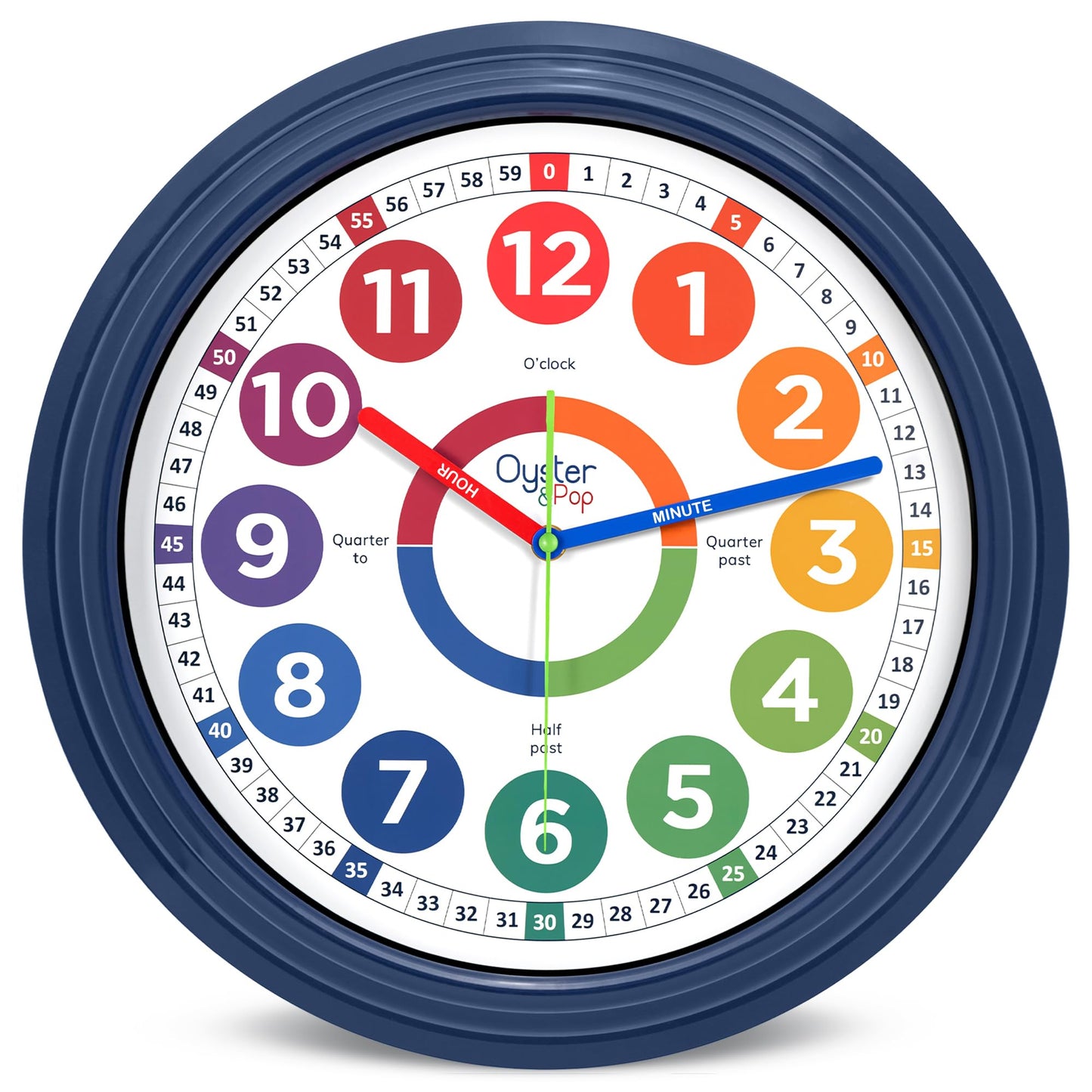 Oyster&Pop Extra Large 16" Kids Clock - Silent Indoor Outdoor Weatherproof Analog Wall Clock - Learning Clock for Kids - Classrooms Homeschool & Patio - Includes How to Tell Time eBook