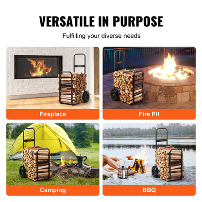 VEVOR Log Cart 250 lbs Load Capacity, Outdoor and Indoor Wood Rack Storage Mover with Pneumatic Rubber Wheels, Heavy Duty Steel Dolly Hauler, Firewood Carrier for Fireplace, Fire Pit, Black