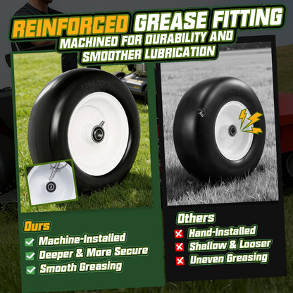 QILINGLORY 13x6.50-6 Flat Free Lawn Mower Tires and Wheel with 3/4" bearing bore Flat-Free, with 5/8” Bearings & Spacers, Fits Riding Mower, Zero Turn, Garden Tractor, 500 lbs Capacity, 2-Pack