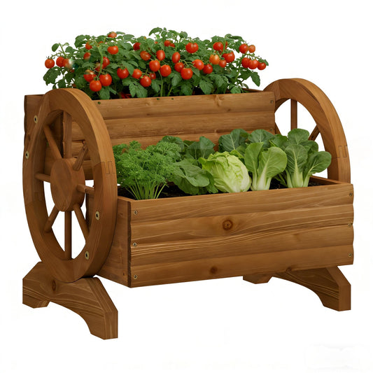 Wooden Wagon Planter Flower Cart with Wheels Garden Box Garden Planter, Decorative Planter for Flowers Herbs Vegetables for Indoor & Outdoor Décor Flower Cart for Patio Garden Balcony (Brown)