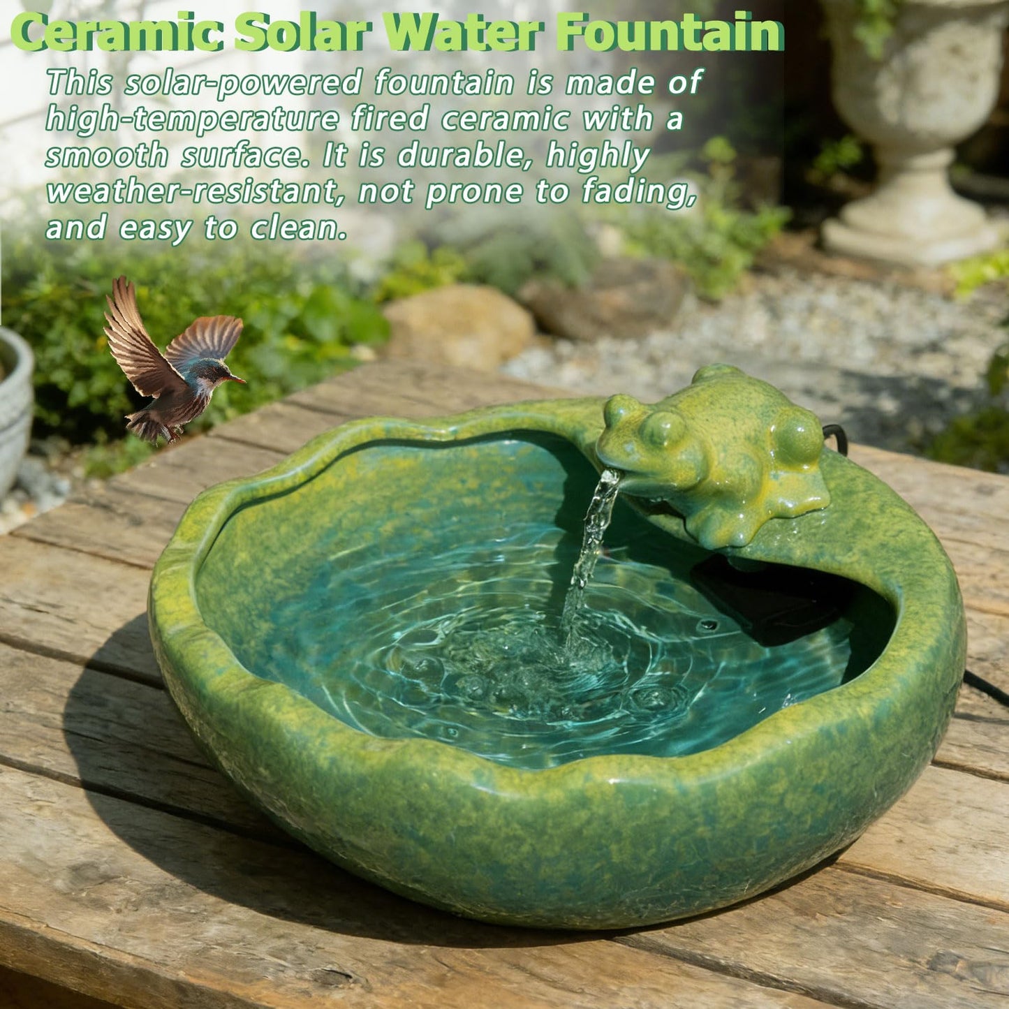 Ceramic Solar Water Fountain with Battery Backup, Solar Powered Water Fountain，Outdoor Water Feature Bird Bath for Garden, Patio & Yard Decor,Working at Night for at Least 6 Hours (Frog).