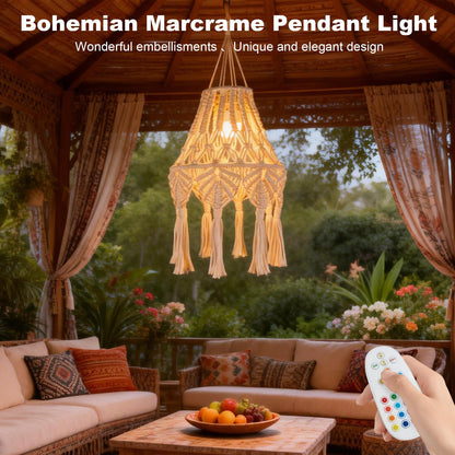 AVAMERY Boho Chic Macrame Pendant Lights with Tassels, Remote Control Dimmable Timer Rechargeable Battery Operated Hanging Lamp, Cotton Rope Wall Decor for Bedroom Living Room