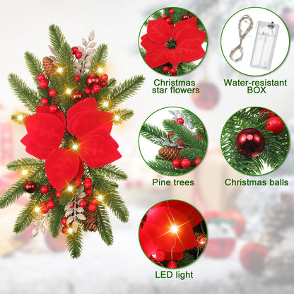 Hotop 3 Pcs Artificial Christmas Swag 17.7" Prelit Teardrop Christmas Swags for Stairs Xmas Garland with Lights for Decorating Outdoor Front Door Window Home(Red)