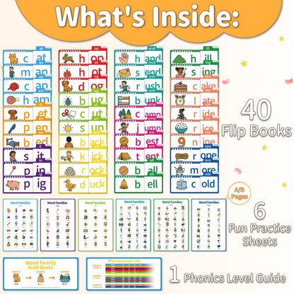 Sinoome Phonics Flash Cards Word Family Build Book, 40 Read & Rhyme Flip Books, Learn to Read for Kids Ages 4-8, Engaging Educational Tools for Preschool-Kindergarten, Fun Sight Words & Phonics Games