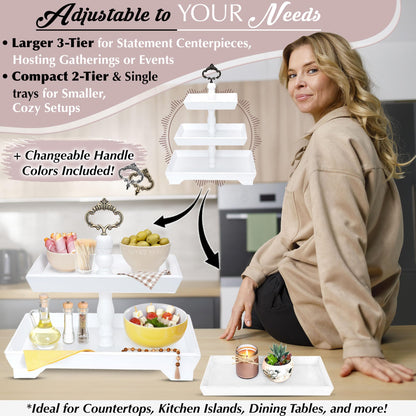 [3 in 1] 3 Tier Serving Tray - Gorgeous Coffee Table Tray (Includes 3 Handles) - Can Assemble into a 1, 2 or 3 Tier Serving Stands - Rectangle Wooden Kitchen Table Centerpiece Felt Creative Home Goods