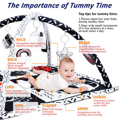 Poycuna Black and White Baby Gym Play Mat with 6 Toys Tummy Time Activity Mat for Babies 0-6 6-12 Months High Contrast Baby Gyms & Playmats Sensory Toys Newborn Brain Development Infant Play Mat