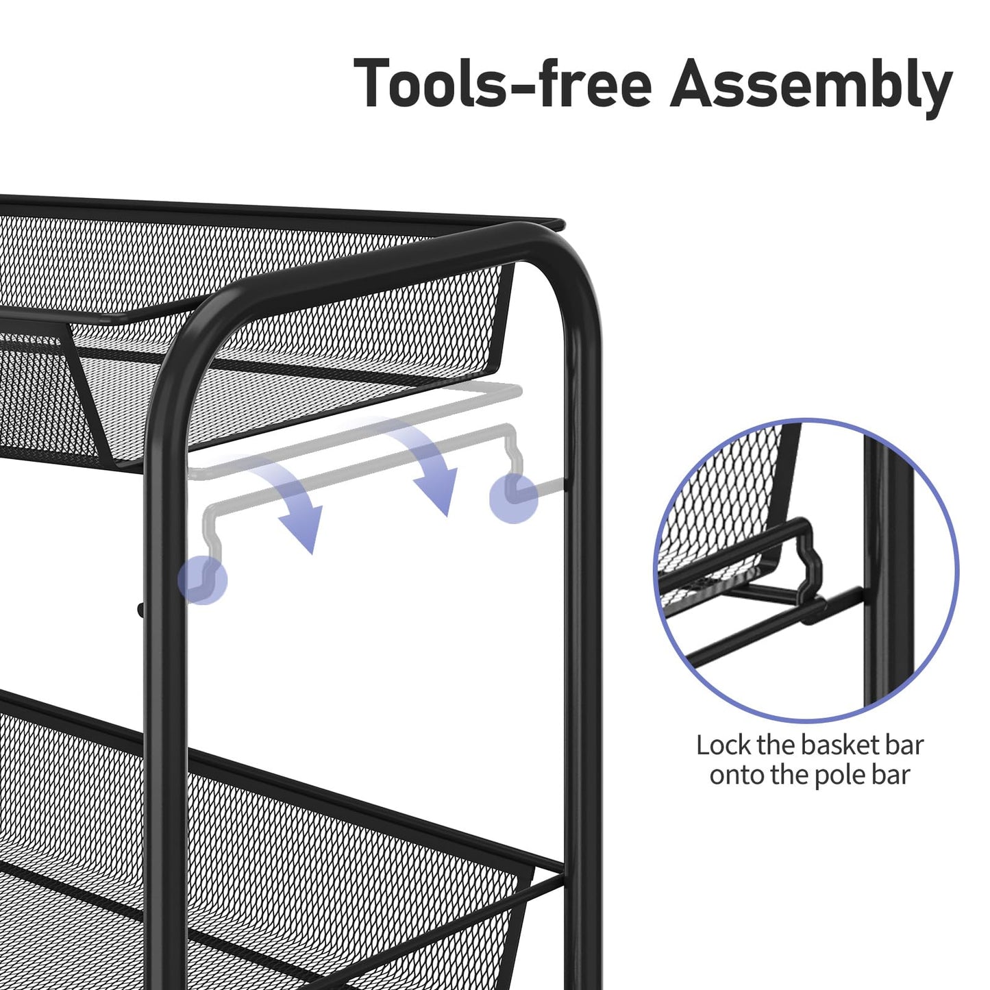 TOOLF 4-Tier Rolling Cart, Metal Utility Cart with 3 Hooks, Easy Assemble Mobile Storage Trolley On Wheels, Metal Shelving Units Kitchen Bathroom Laundry Room