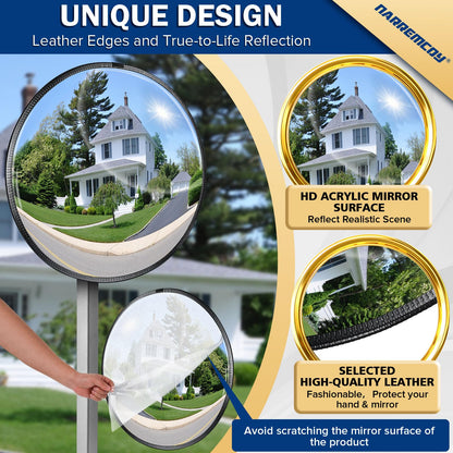 Narremcoy 20" HD Acrylic Convex Mirror - 160 Adjustable Wide Angle View, Leather Frame & ABS Back, Blind Spot Mirror for Indoor/Outdoor Use in Garage, Warehouse, Driveway, Store & Office Security