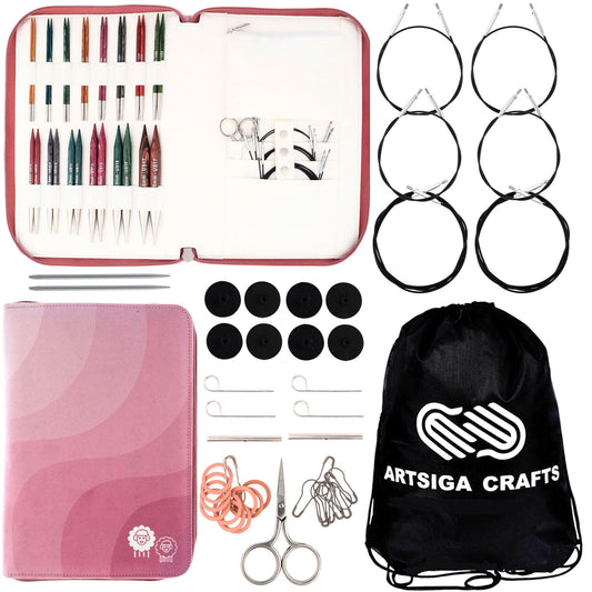 KnitPro Dreamz Grande Set 5 inch Circular Knitting Needles Size 2.5, 3, 4, 5, 6, 7, 8, 9, 10, 10.5, 11, 13, 15, 17 Interchangeable, 6 Cables, 4 Connectors, Fabric Case & More with Project Bag
