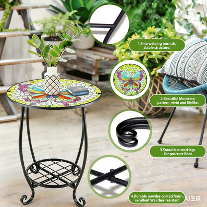 Arbuxzuy 12 Inch Small Outdoor Side Table with Colorful Butterfly, Glass Mosaic Patio Table Indoor, Round Plant Coffee Table for Living Room, Balcony, Garden（Butterfly Style）