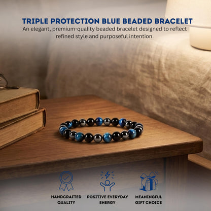 Cherry Tree Collection Triple Protection Blue Beaded Bracelet – Genuine 8mm Gemstone Stretch Bracelet for Men & Women – Handmade Crystal Bracelet - (Triple Protection Blue - S)