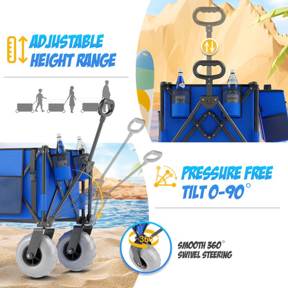 Beach Wagon with Big Wheels for Sand, 350lbs Heavy Duty Folding Wagon, Oversized 180L, 9" PVC All-Terrain Wheels, Adjustable Handle, Cooler & Storage Bags for Beach, Camping, Garden & Outdoor Sports