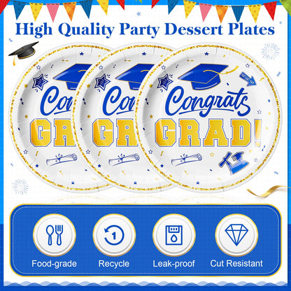 Sabary Blue White Gold 100 Pcs Graduation Paper Plates 2026 9 Inch Graduation Party Supplies Class of 2026 Decorations Congrats Grad Plates Disposable Plate Tableware (Classic)