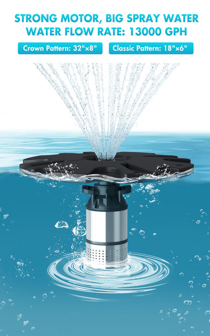 HQUA FS01 120V, 1/2HP, Large Pond Floating Fountain with FSL01 LED RGB Color-Changing Light Sets, 100’ Cord, 13000 GPH, Two Spray Patterns 32'x12' and 18'x6'