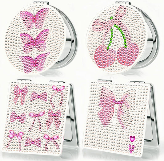Bulerrylulu 4 Pcs Diamond Painting Compact Mirror Gem Art Mirror Pink Pocket Mirror Compact Diamond Art Small kit for Beginners Adults DIY Art Craft Woman Gifts