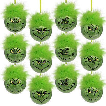 Bunny Chorus Christmas Decorations Indoor: 12pcs Cute Green Elf Christmas Tree Ornaments with Fuzzy Hair, Hanging Thief Monster Xmas Balls for Tree Fireplaces Garland, Kids Home School Office Decor