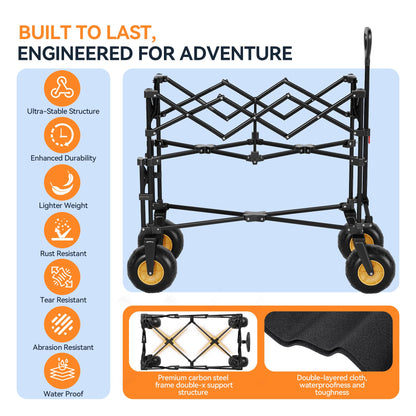 VELUVIA Double Decker Beach Wagon - 500LBS Heavy Duty Beach Cart with 9" Big Balloon Wheels for Sand, All Terrain Sports Wagon Foldable for Family Camping, Fishing, Garden, Outdoor Use, Black