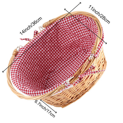 ZEONHEI Wicker Woven Basket with Double Folding Handles, Willow Picnic Hamper with Linen Cloth Lining for Easter Eggs, Candy Storage, Gift Packing, (Red, 14 Inch)
