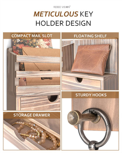 Rebee Vision Farmhouse Key Holder Wall Mount with 2 Drawer Organizer – Key and Mail Holder for Wall with 6 Key Hooks & Shelf – Home Essentials for Home Decor (Natural Wood)