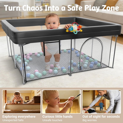 Desque Foldable Baby Playpen with Mat, 50"×50" Collapsible Play Yard for Babies and Toddlers, No Assembly Required, Kids Safety Play Area with 4 Handles, 50 Balls and Visible Mesh, Black