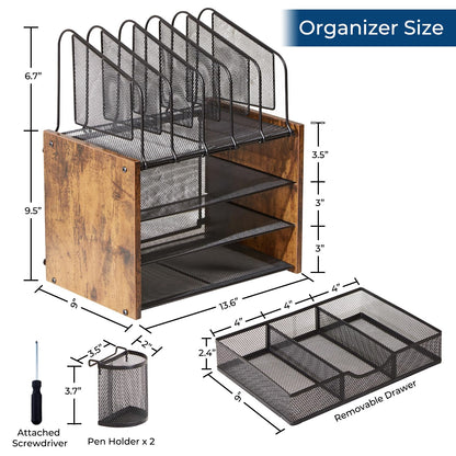 Y YOMA Wooden Desk Organizer, 4-Tier Mesh Desk Organizer with Drawer, Paper Tray & 5 Vertical File Holders, 2 Pen Holders, Desktop Organizer and Accessories for Home Office Dorm