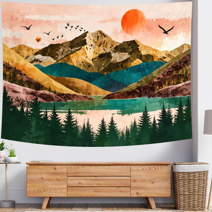 Delur Mountain Tapestry Boho Sunset Nature Forest Tree Tapestry Wall Hanging Sunrise River Lake Landscape Psychedelic Headboard for Bedroom Living Room Home Decor (51.2" x 59.1")