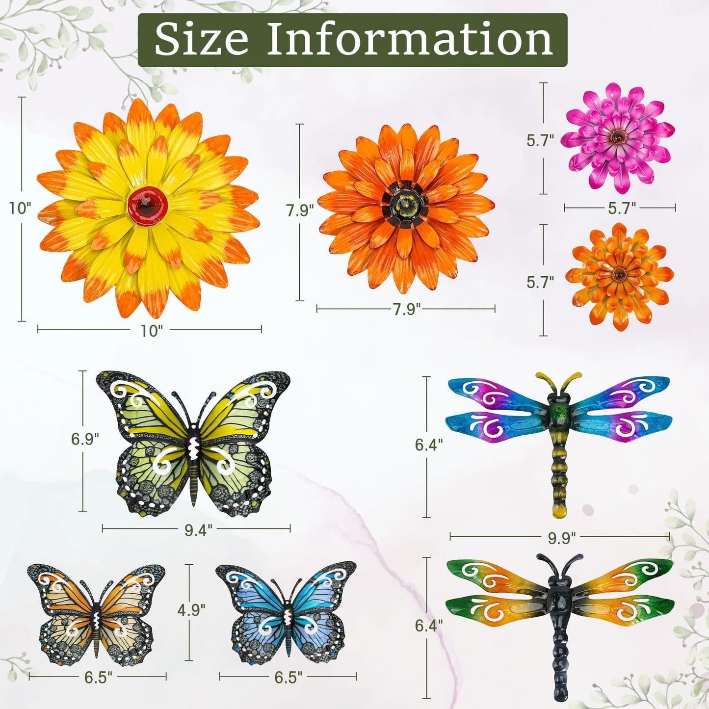 Orgthin 9 Pack 9.9" Metal Butterfly Dragonfly Flower Wall Decor, Fence Wall Art Decor, Hanging Decoration for Garden Yard Living Room Bedroom Patio Balcony