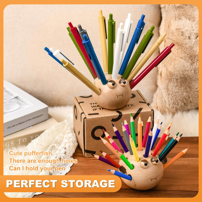 Damuzhi Pen Holder For Desk Pencil Holder Wooden Pufferfish- Funny Small Gifts For Kids, Unique Gifts For White Elephant Gift Steacher Gifts