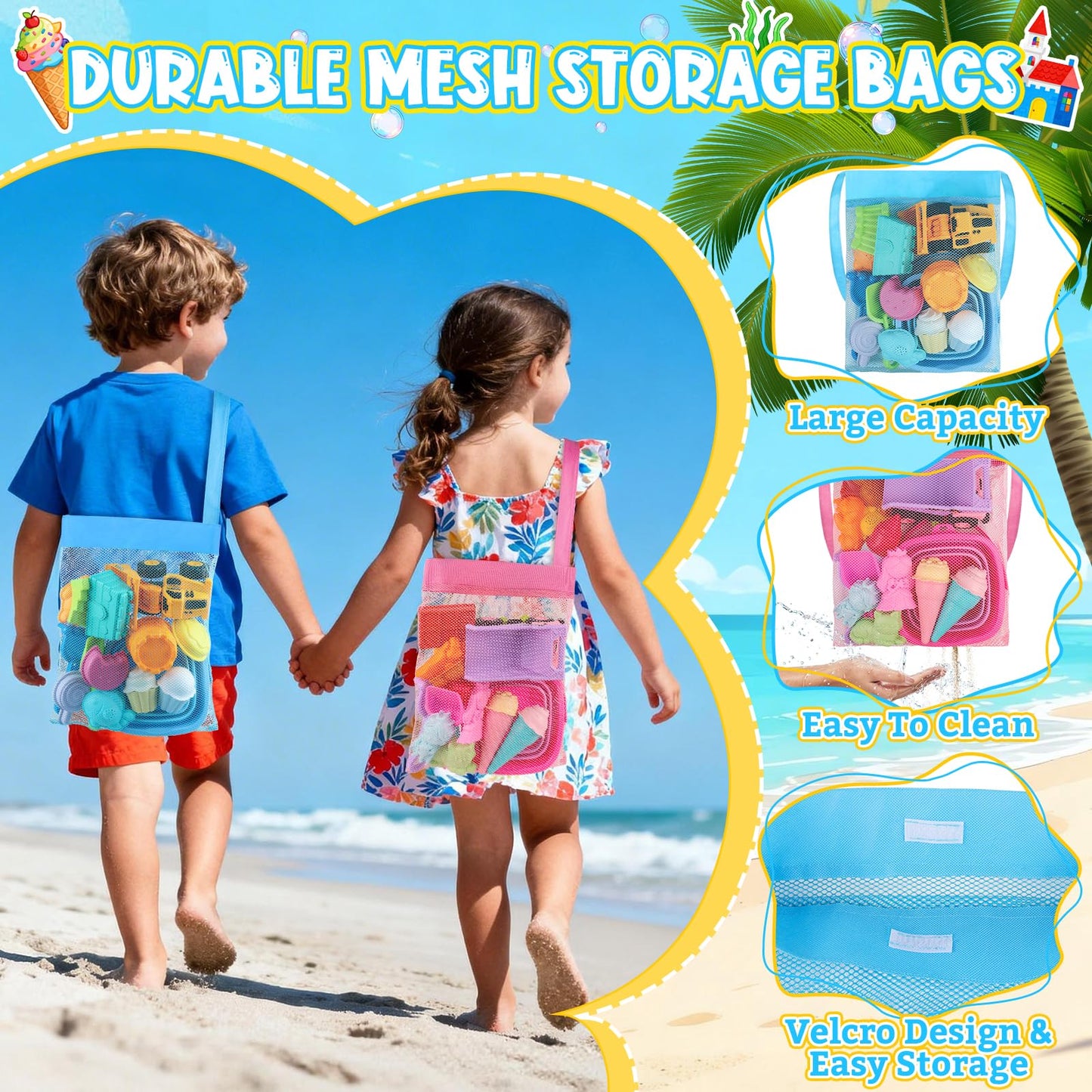 EULRGAUS Beach Toys, 36 PCS Sand Toys with Construction Vehicles, Collapsible Bucket, Princess & Prince and Ice Cream Toys, Sand Castle Building Kit, Beach Shovel, Beach Games for Kids, Boys and Girls
