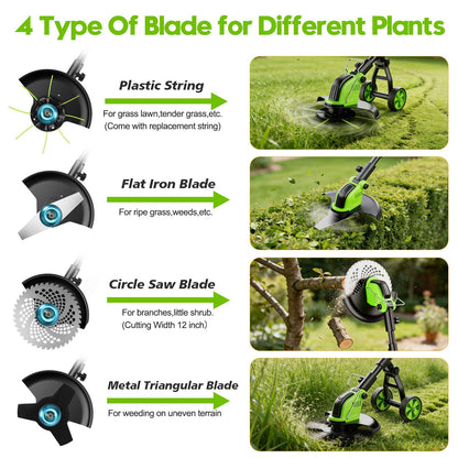 20000 RPM Electric Weed Eater Battery Powered 6000mAh, 12″ Brushless Electric Weed Wacker Cordless Wheeled Edger Trimmer, 4-in-1 Brush Cutter Heavy Duty/String Trimmer/Lawn Mower Edger, 2 Battery Tool