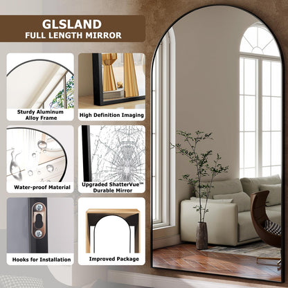 GLSLAND-34x76 inch Wall Mount Arched Full Length Mirror-Aluminum Alloy Frame High Definition-Full Body Mirror for Bedroom or Living Room,Black