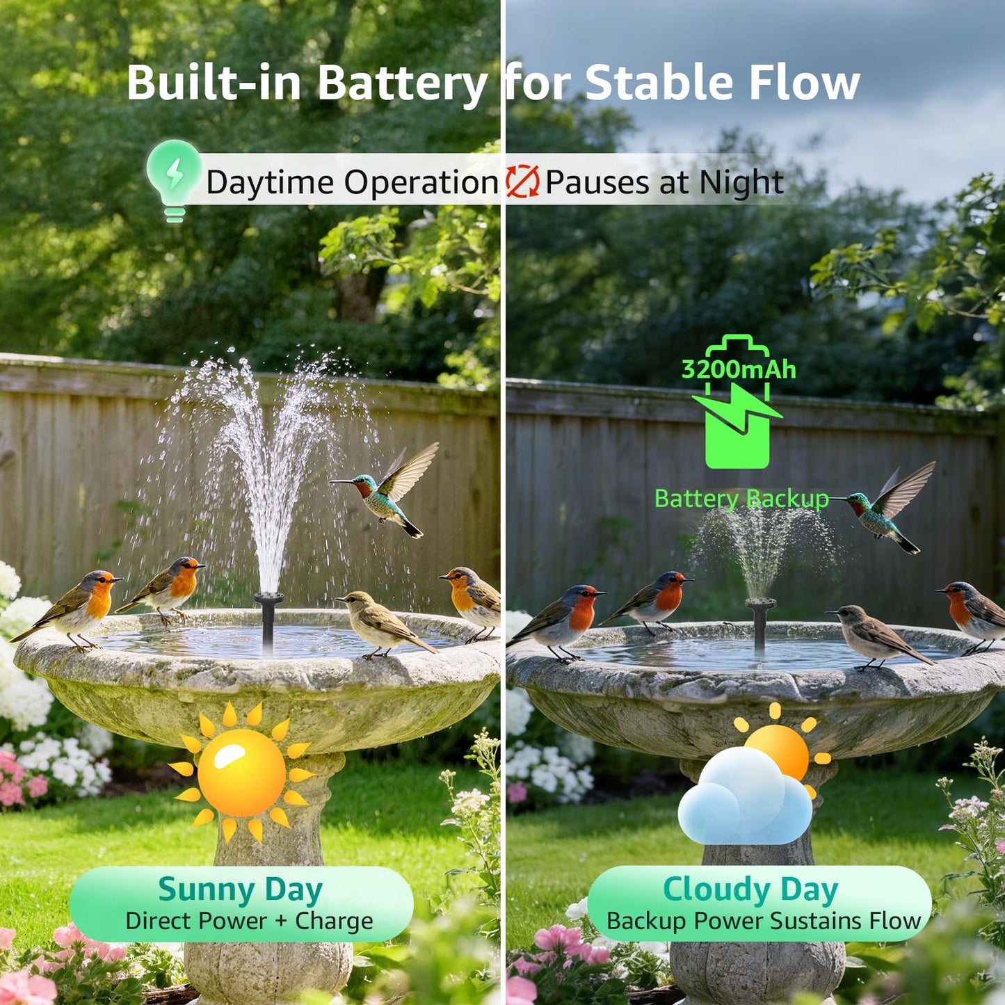 PONDIA Solar Fountain Pump with Battery Backup, 7.5W Solar Water Pump Built-in 3000mAh Battery, Dual-Layer Nozzles 7+ Spray Modes & 5Ft PVC Tubing, Pond Fountain for Bird Bath Garden Water Feature