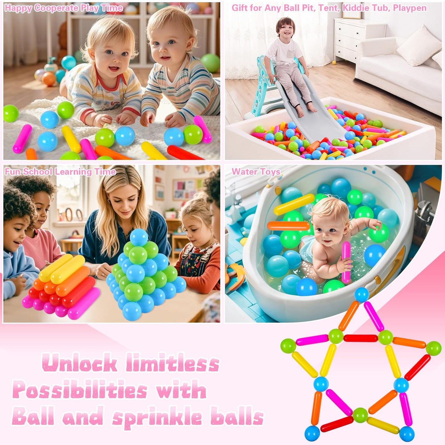 Heopeis Ball Pit Balls and Strips for Ball Pits, 50pcs Cute Plastic Star Toy Balls for Kids, Baby Toddler 1-3 Birthday, Bounce House, Play Tent, Baby Pool Water Toys, Party (Rainbow)
