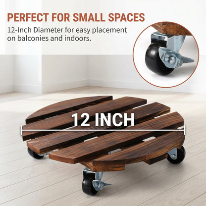 ZXZYHFTY Round Original Wooden Plant Stand with Wheels, 2 Packs Rolling Plant Stand with 360°Lockable Wheels for Vertical Garden Towers, Vertical Planting Tanks, Plant Pots, Wastebaskets (12")