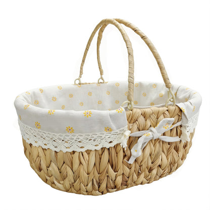 Oval Wicker Picnic Basket with Folding Handles and Lining for 2, Handwoven Water Hyacinth Hamper,Willow Hand Woven Shopping Basket, Bath Storage Camping Outdoor Beach Gift