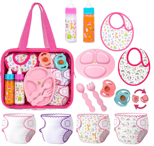My Sweet Baby 13-Piece Doll Feeding & Diaper Bag Set – Disappearing Milk Bottles, Bibs, Pacifiers, Diapers & Accessories Set – Pretend Play Baby Doll Care Kit for Girls – Fits 12–18″ Dolls