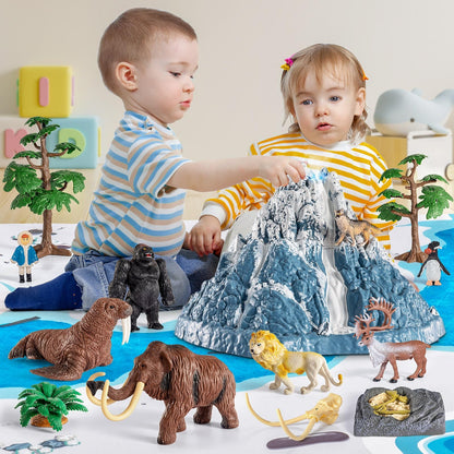 Prehistoric Animal Toys Set for Kids 3-5 Years, Safari Animals Figurines and Snowy Volcano Toy with Large Play Mat, Mammoth, Lion, Gorilla