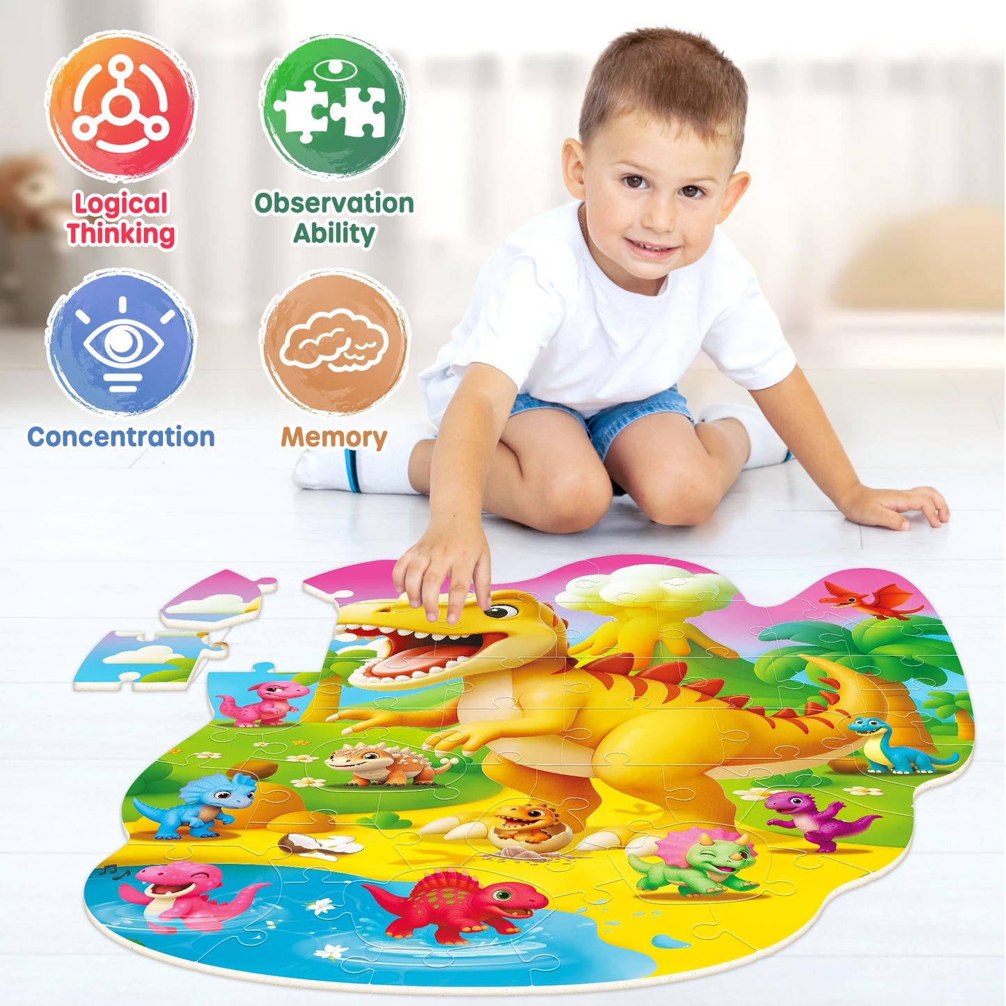 SYNARRY Dinosaur Floor Puzzles for Kids Ages 4-6, Large 45 Piece Floor Puzzles for Kids Ages 3-5, Puzzles for 4-8 Years Old, Dinosaur Toys Easter Basket Stuffers Gifts for 3 4 5 6 7 8 Year Old Boys