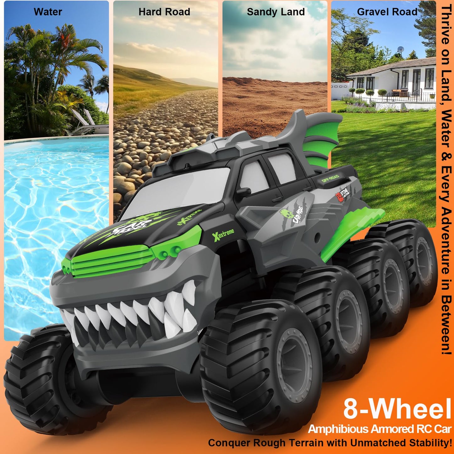 UFULMN Amphibious Remote Control Car 8WD RC Monster Truck with 2 Rechargeable Batteries for Boys Age 8-12 Offroad Waterproof RC Pickup All Terrain RC Drift Cars Beach Pool Toys Gifts for Kids Green