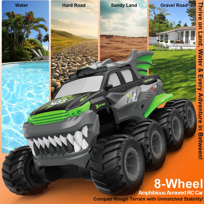 UFULMN Amphibious Remote Control Car 8WD RC Monster Truck with 2 Rechargeable Batteries for Boys Age 8-12 Offroad Waterproof RC Pickup All Terrain RC Drift Cars Beach Pool Toys Gifts for Kids Green