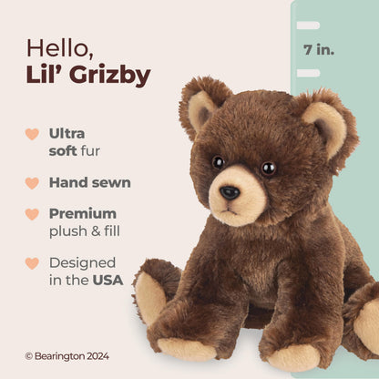 Bearington Lil' Grizby Grizzly Bear Stuffed Animal - 7" Realistic Soft Brown Teddy Bears Plush Toys - Lifelike Small Stuffed Animal Bear Plushies Gift for Babies and Kids on Birthdays and Holidays
