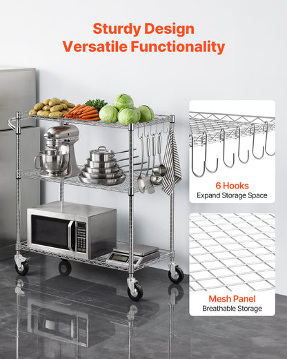 VEVOR Kitchen Utility Cart, 3 Tier Heavy Duty Adjustable Wire Storage Rack, Commercial Steel Rolling Service Trolley on Wheels, Work Table with Handle Bar, for Garage and Laundry Room, 35x17.8x40.9 in